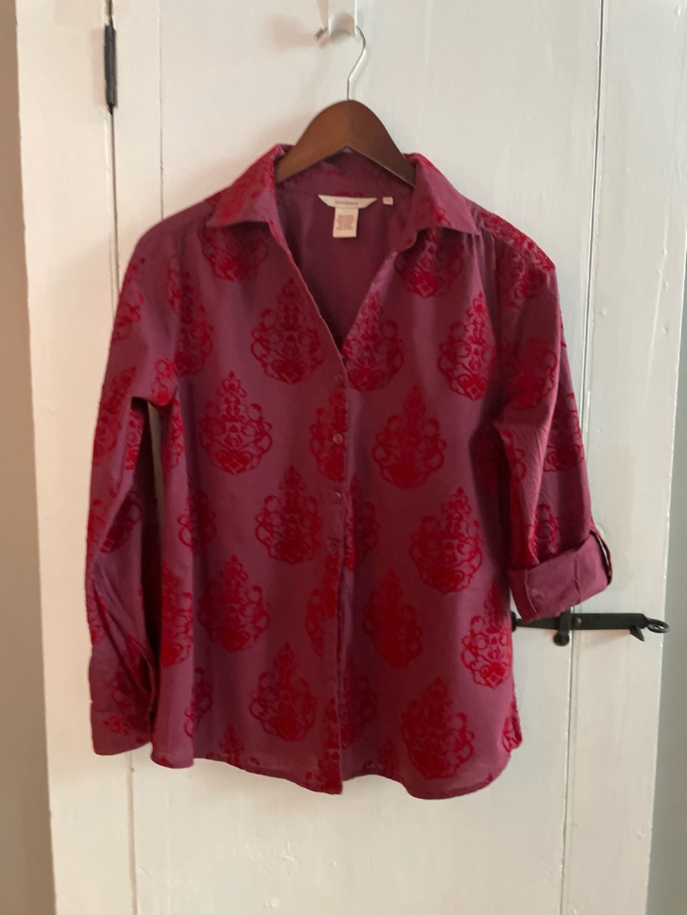 SUNDANCE Velvet Flocked Button Up Long Sleeve 100% Cotton Blouse Size S
